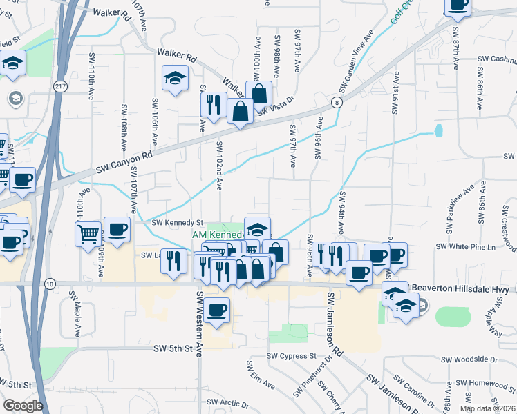map of restaurants, bars, coffee shops, grocery stores, and more near 4188 Southwest 100th Terrace in Beaverton