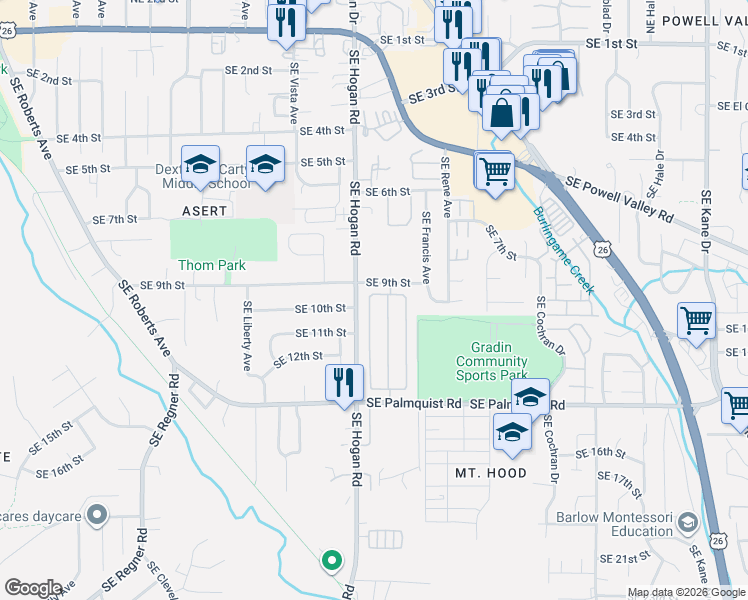 map of restaurants, bars, coffee shops, grocery stores, and more near 1949 Southeast Palmquist Road in Gresham