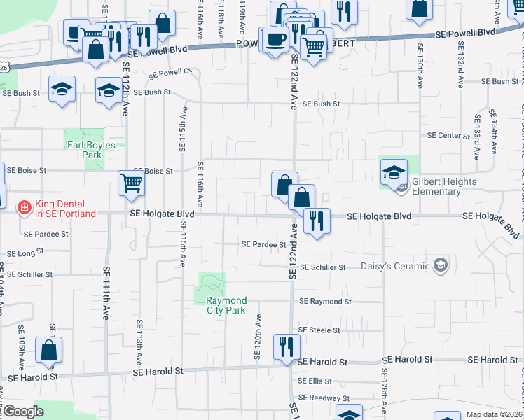 map of restaurants, bars, coffee shops, grocery stores, and more near 11977 Southeast Holgate Boulevard in Portland