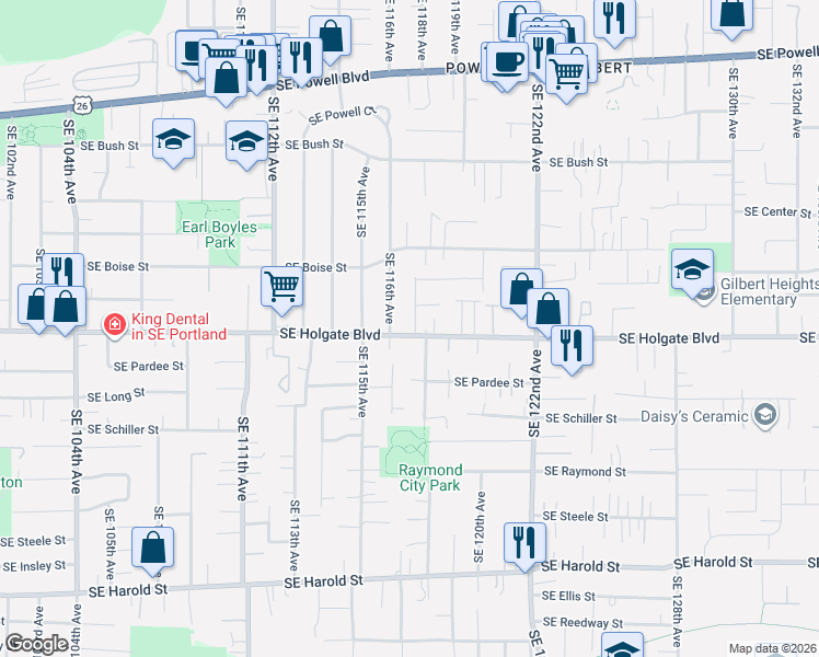 map of restaurants, bars, coffee shops, grocery stores, and more near 4331 Southeast 117th Avenue in Portland
