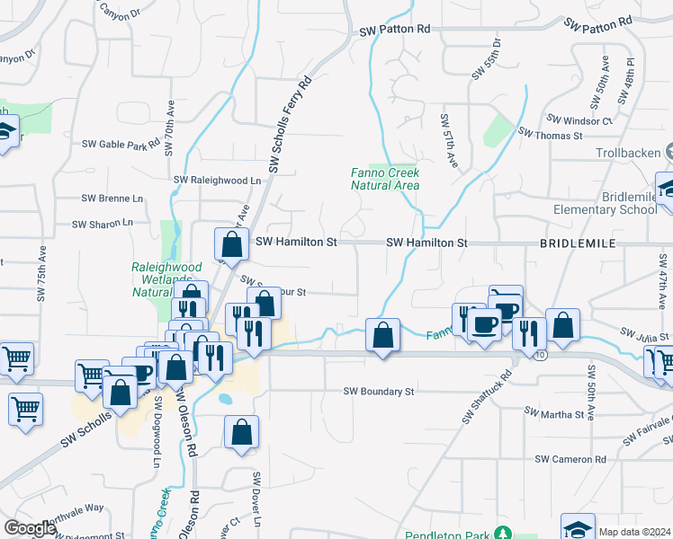 map of restaurants, bars, coffee shops, grocery stores, and more near 6202 Southwest Hamilton Street in Portland