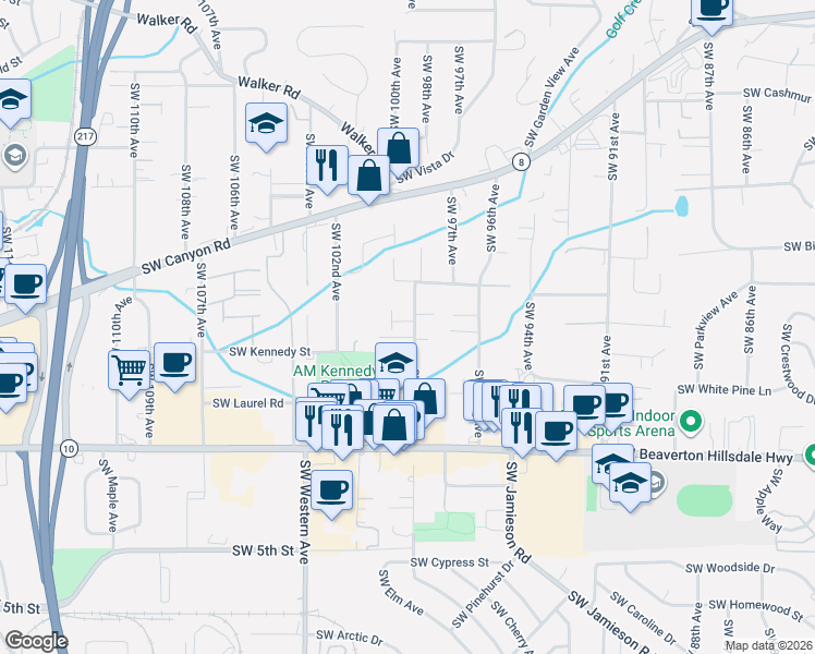 map of restaurants, bars, coffee shops, grocery stores, and more near 4100 Southwest 99th Avenue in Beaverton