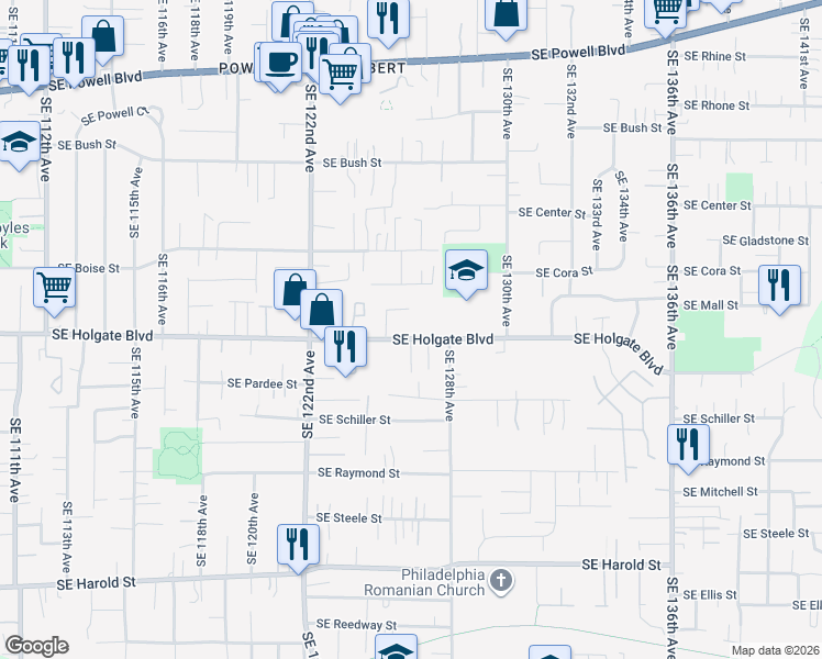 map of restaurants, bars, coffee shops, grocery stores, and more near 12618 Southeast Mall Street in Portland