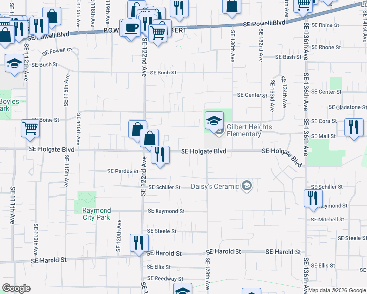 map of restaurants, bars, coffee shops, grocery stores, and more near 12525 Southeast Holgate Boulevard in Portland