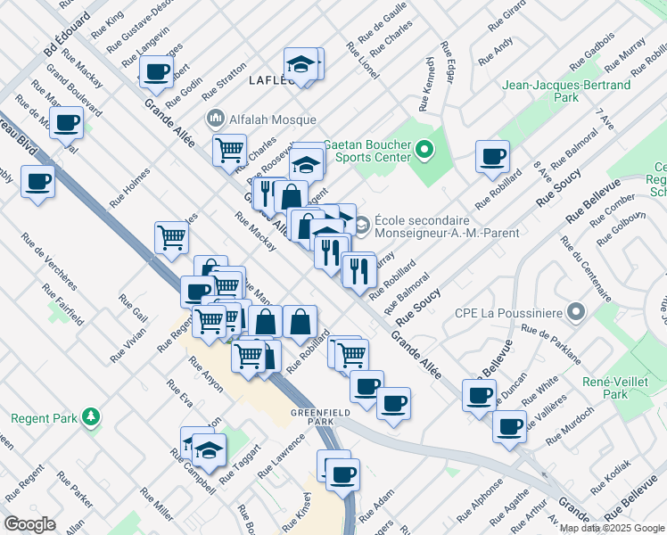 map of restaurants, bars, coffee shops, grocery stores, and more near 3855 Grande Allée in Longueuil
