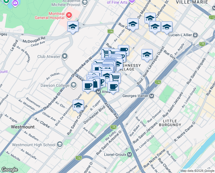 map of restaurants, bars, coffee shops, grocery stores, and more near 1265 Rue Lambert Closse in Montréal