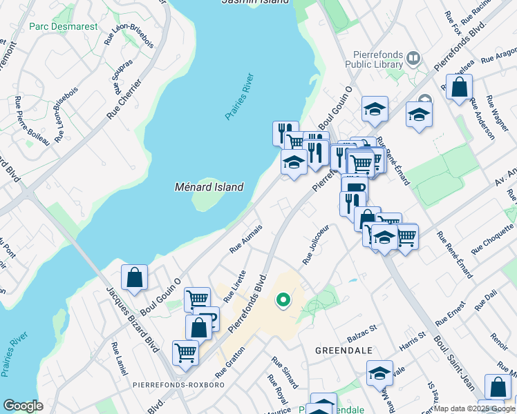 map of restaurants, bars, coffee shops, grocery stores, and more near 14692 Boulevard Gouin Ouest in Montréal