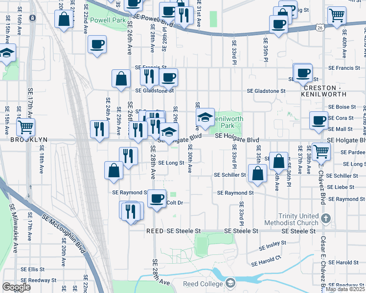 map of restaurants, bars, coffee shops, grocery stores, and more near 4522 Southeast 29th Avenue in Portland