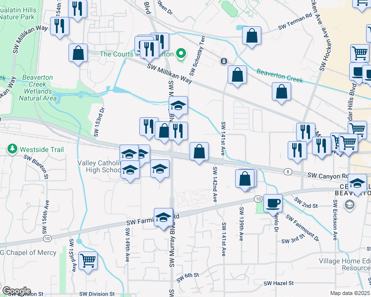 map of restaurants, bars, coffee shops, grocery stores, and more near 4050 Southwest 144th Avenue in Beaverton