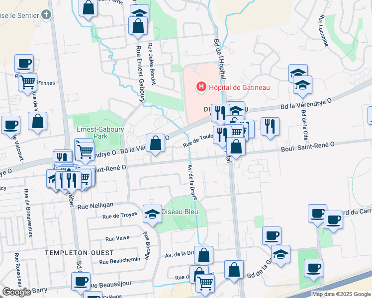 map of restaurants, bars, coffee shops, grocery stores, and more near 86 Rue de Toulouse in Gatineau