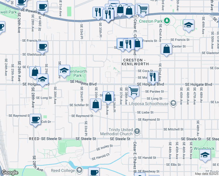 map of restaurants, bars, coffee shops, grocery stores, and more near 4520 Southeast 36th Avenue in Portland