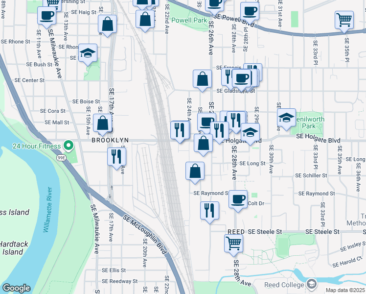 map of restaurants, bars, coffee shops, grocery stores, and more near 4510 Southeast 23rd Avenue in Portland