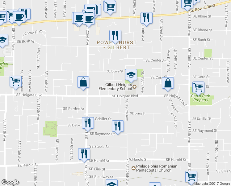 map of restaurants, bars, coffee shops, grocery stores, and more near 12605 Southeast Holgate Boulevard in Portland
