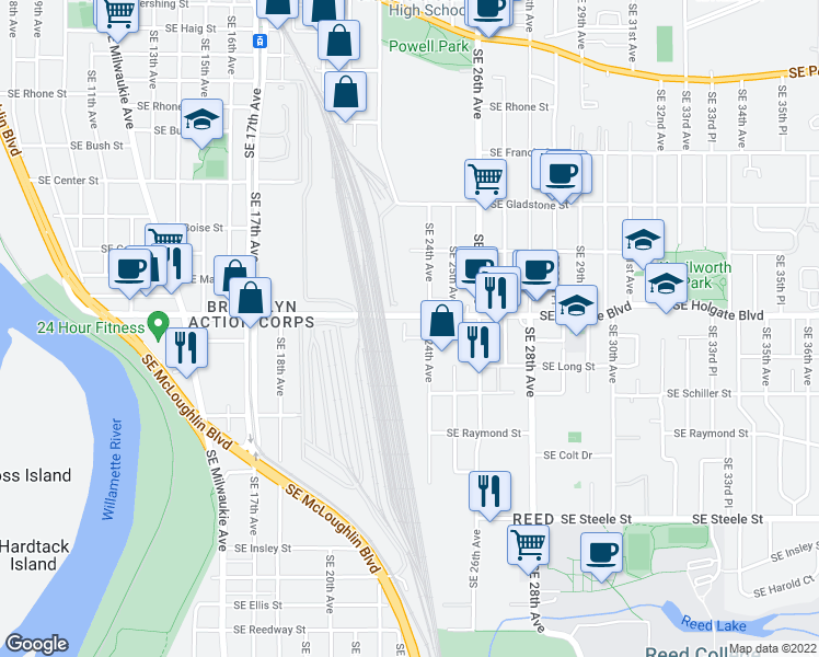 map of restaurants, bars, coffee shops, grocery stores, and more near 4510 Southeast 23rd Avenue in Portland