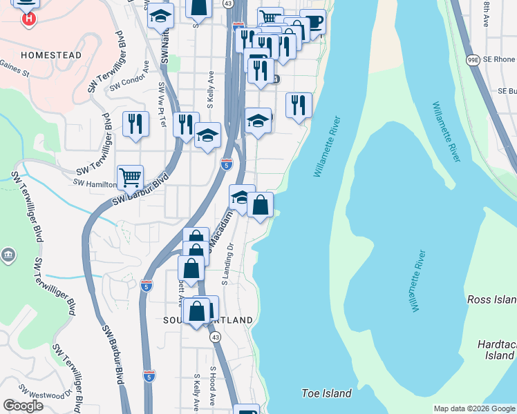 map of restaurants, bars, coffee shops, grocery stores, and more near 0455 Southwest Hamilton Court in Portland