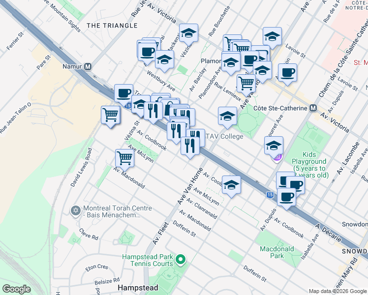 map of restaurants, bars, coffee shops, grocery stores, and more near 5300 Garland Place in Montreal
