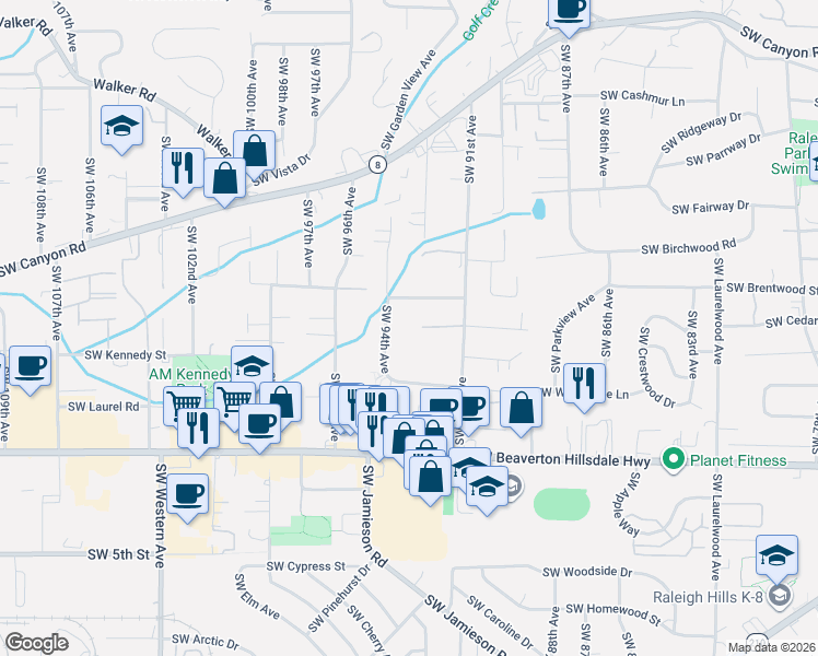 map of restaurants, bars, coffee shops, grocery stores, and more near 9294 Southwest Midea Court in Portland