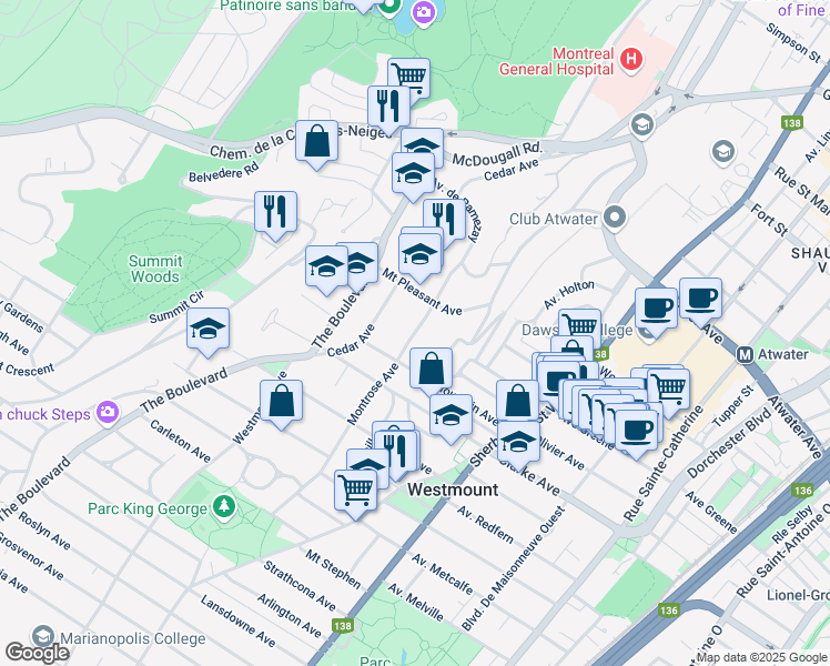 map of restaurants, bars, coffee shops, grocery stores, and more near 4298 Avenue Montrose in Westmount