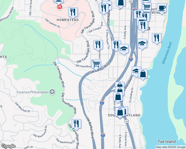 map of restaurants, bars, coffee shops, grocery stores, and more near 220 Southwest Hamilton Street in Portland