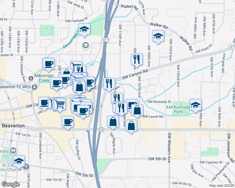 map of restaurants, bars, coffee shops, grocery stores, and more near 4085 Southwest 109th Avenue in Beaverton