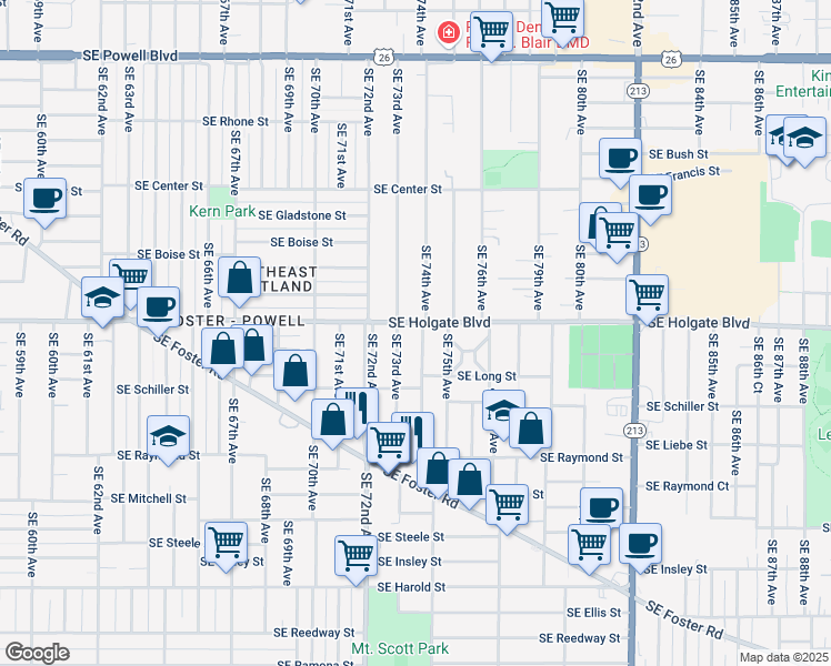 map of restaurants, bars, coffee shops, grocery stores, and more near 7309 Southeast Holgate Boulevard in Portland
