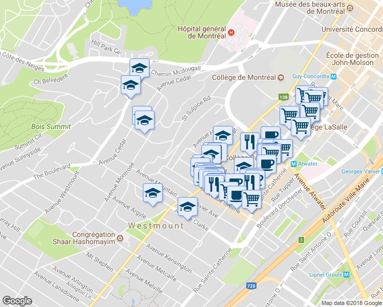 map of restaurants, bars, coffee shops, grocery stores, and more near 486 Avenue Wood in Westmount