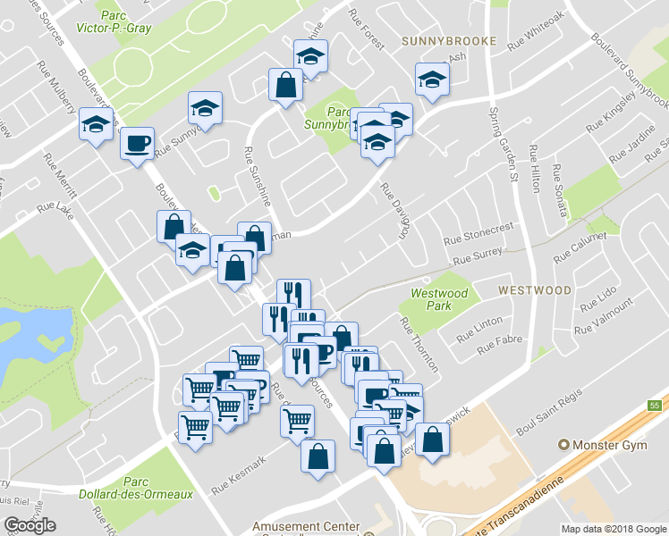 map of restaurants, bars, coffee shops, grocery stores, and more near 70 Chemin Davignon in Dollard-des-Ormeaux