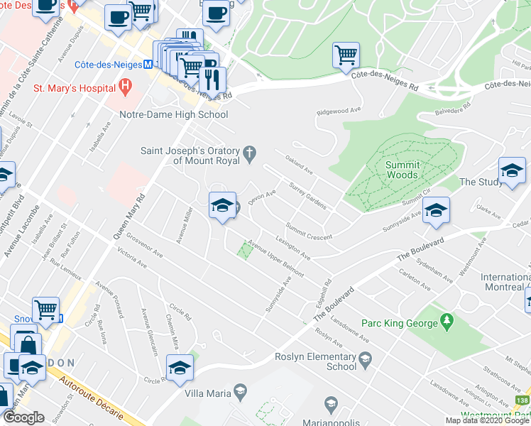 map of restaurants, bars, coffee shops, grocery stores, and more near in Westmount