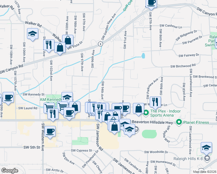 map of restaurants, bars, coffee shops, grocery stores, and more near 9294 Southwest Midea Court in Portland