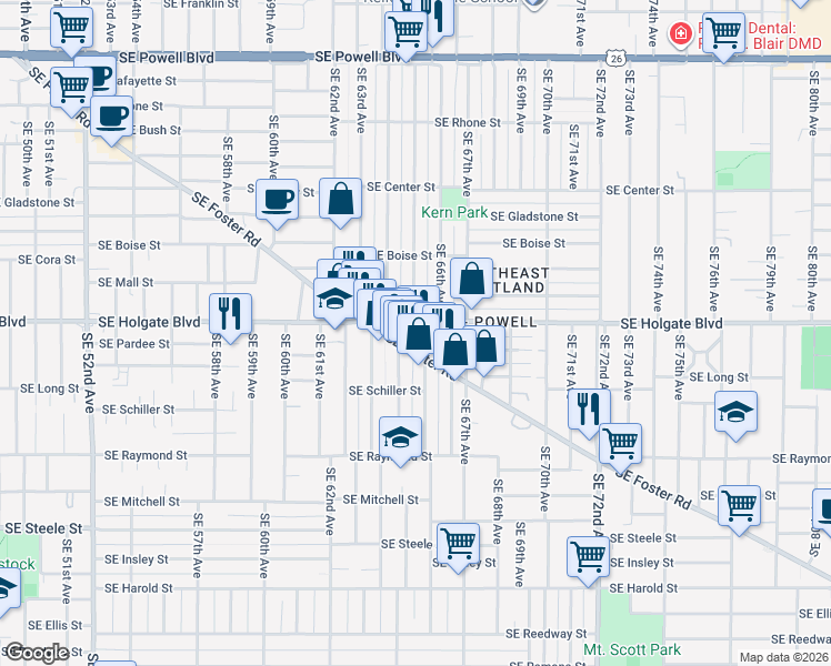 map of restaurants, bars, coffee shops, grocery stores, and more near 4537 Southeast 65th Avenue in Portland