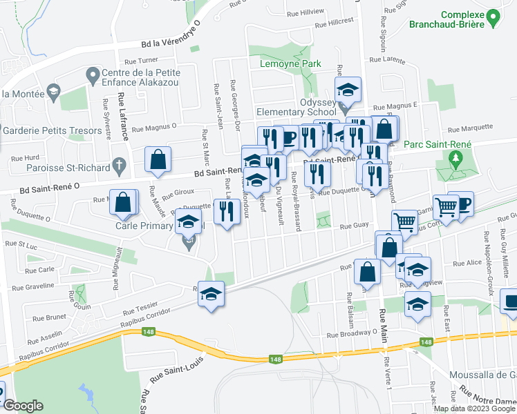 map of restaurants, bars, coffee shops, grocery stores, and more near 357 Rue Brébeuf in Gatineau