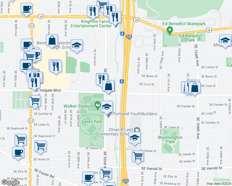 map of restaurants, bars, coffee shops, grocery stores, and more near 9221 Southeast Holgate Boulevard in Portland