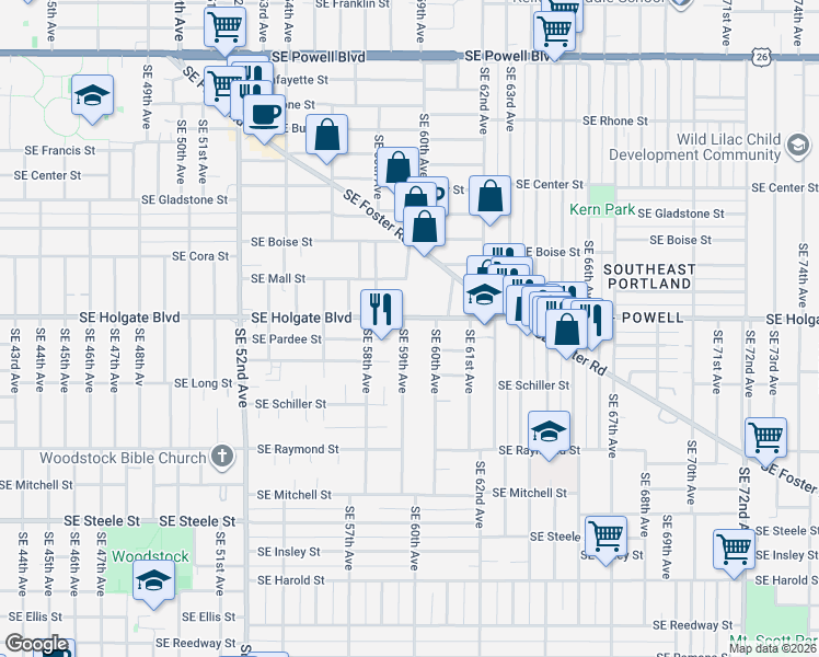 map of restaurants, bars, coffee shops, grocery stores, and more near 5847 Southeast Holgate Boulevard in Portland