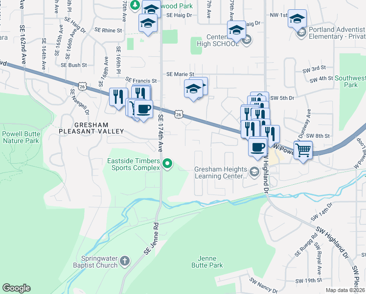 map of restaurants, bars, coffee shops, grocery stores, and more near 954 Southwest Junction Place in Gresham