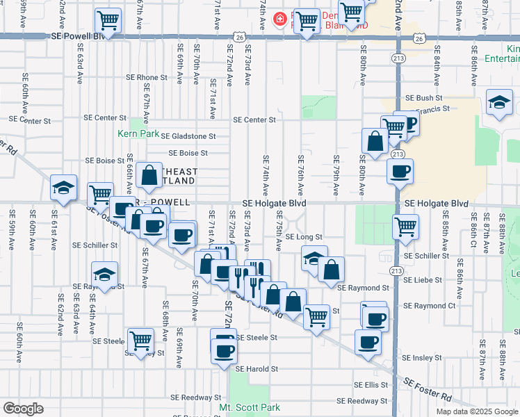 map of restaurants, bars, coffee shops, grocery stores, and more near 7309 Southeast Holgate Boulevard in Portland