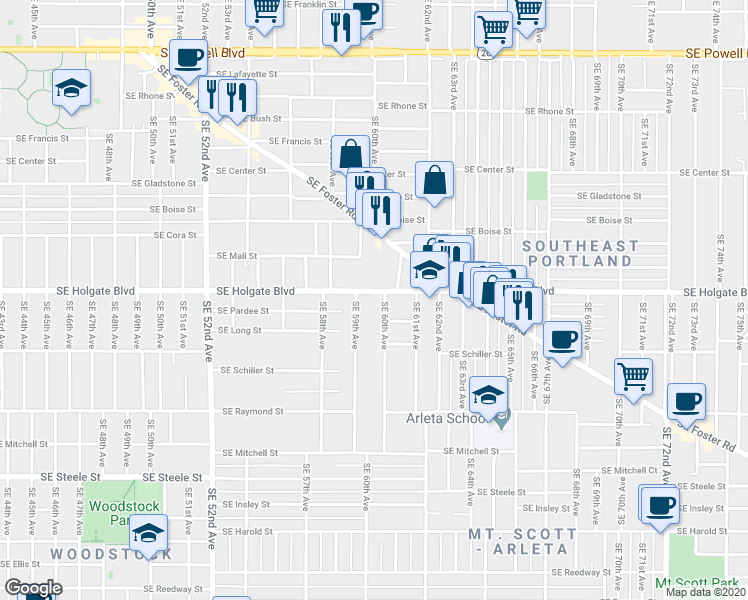 map of restaurants, bars, coffee shops, grocery stores, and more near 5847 Southeast Holgate Boulevard in Portland