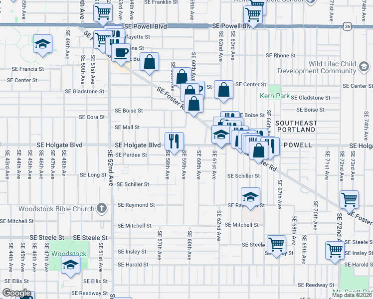 map of restaurants, bars, coffee shops, grocery stores, and more near 5847 Southeast Holgate Boulevard in Portland
