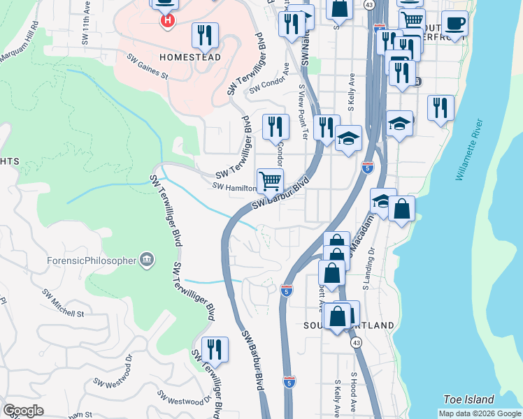 map of restaurants, bars, coffee shops, grocery stores, and more near 220 Southwest Hamilton Street in Portland