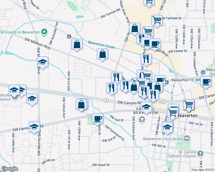 map of restaurants, bars, coffee shops, grocery stores, and more near 4105 Southwest Hocken Avenue in Beaverton