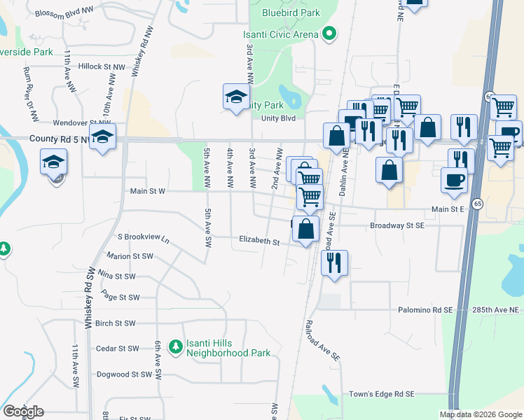 map of restaurants, bars, coffee shops, grocery stores, and more near 209 Main Street West in Isanti