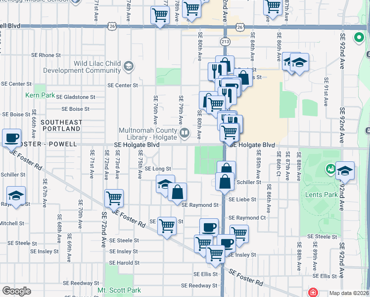 map of restaurants, bars, coffee shops, grocery stores, and more near 4515 Southeast 79th Avenue in Portland