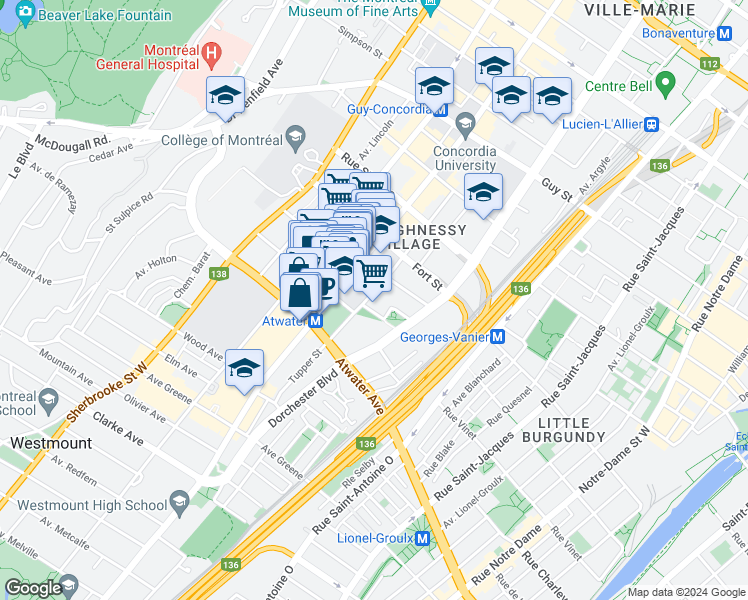 map of restaurants, bars, coffee shops, grocery stores, and more near 2150 Rue Tupper in Montréal
