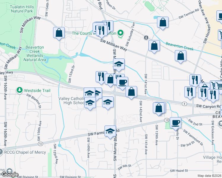 map of restaurants, bars, coffee shops, grocery stores, and more near 14555 Southwest Tualatin Valley Highway in Beaverton
