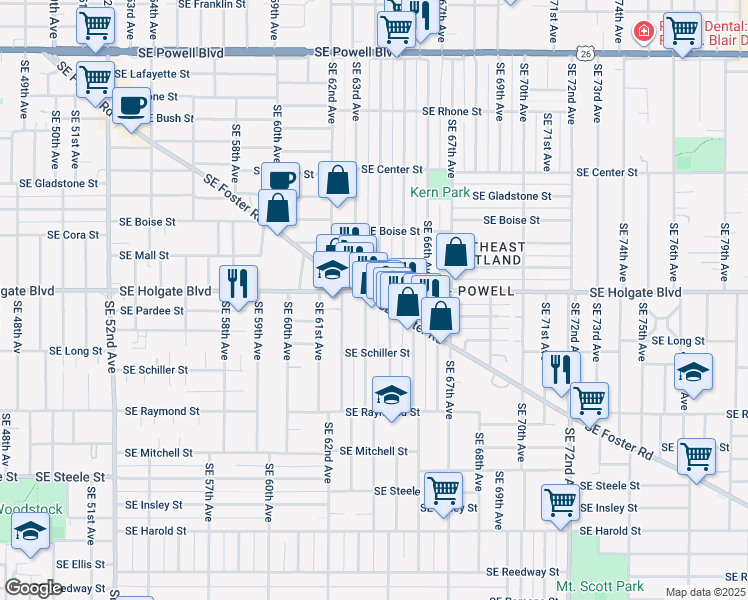 map of restaurants, bars, coffee shops, grocery stores, and more near Southeast Foster Road in Portland