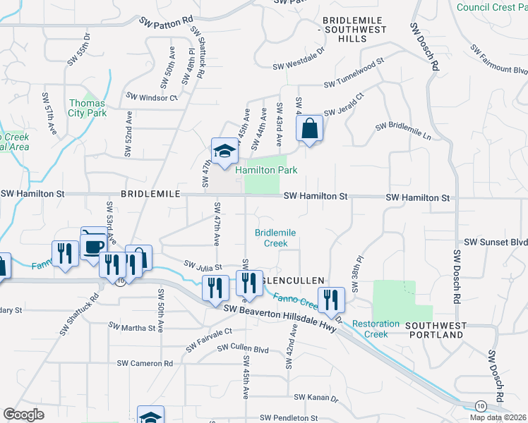 map of restaurants, bars, coffee shops, grocery stores, and more near 4321 Southwest Terlyn Court in Portland