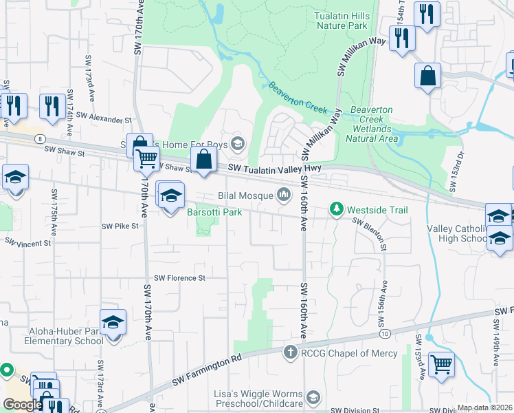 map of restaurants, bars, coffee shops, grocery stores, and more near 16375 Southwest Blanton Street in Aloha