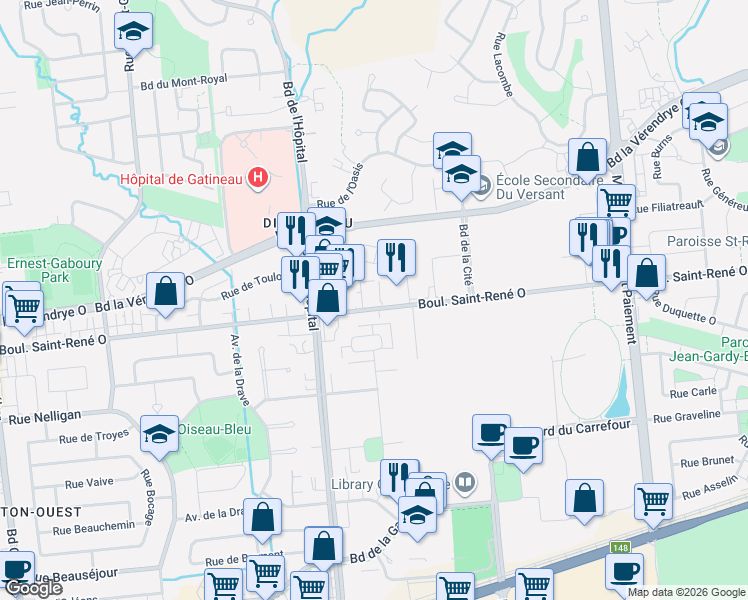 map of restaurants, bars, coffee shops, grocery stores, and more near 831 Boulevard Saint-René Ouest in Gatineau