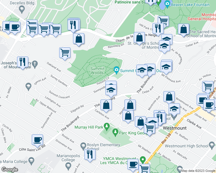 map of restaurants, bars, coffee shops, grocery stores, and more near in Westmount