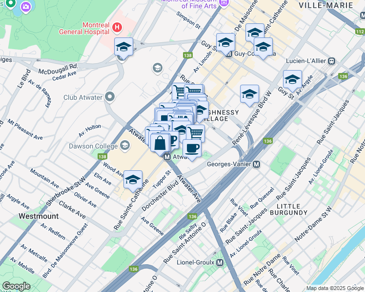 map of restaurants, bars, coffee shops, grocery stores, and more near 1265 Rue Lambert Closse in Montréal