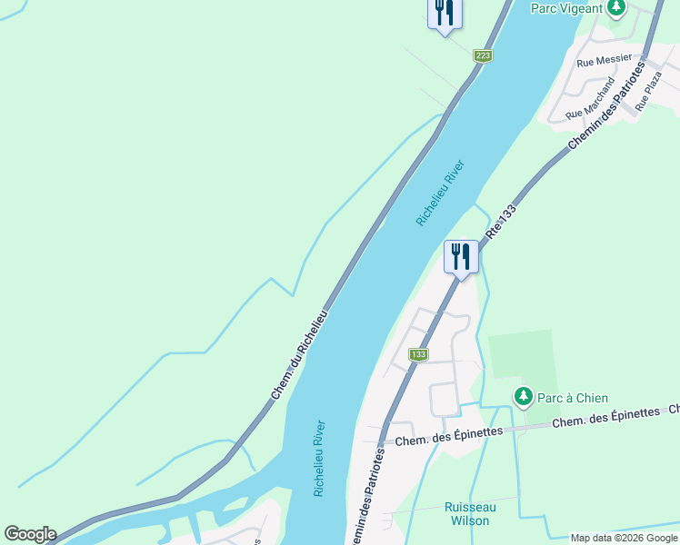 map of restaurants, bars, coffee shops, grocery stores, and more near 309 Chemin du Richelieu in Saint-Basile-le-Grand